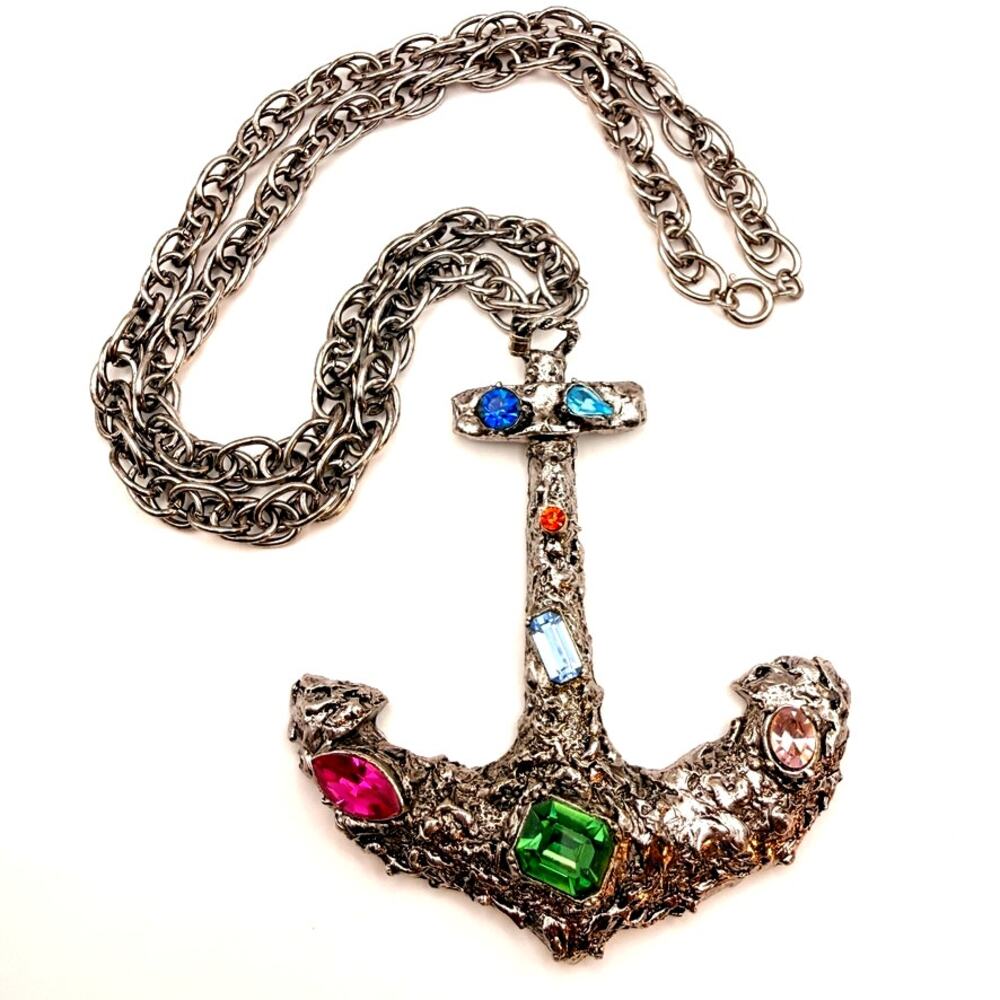 Large Silver Tone Anchor Pendant Necklace Multi Color Rhinestone Brutalist 26"